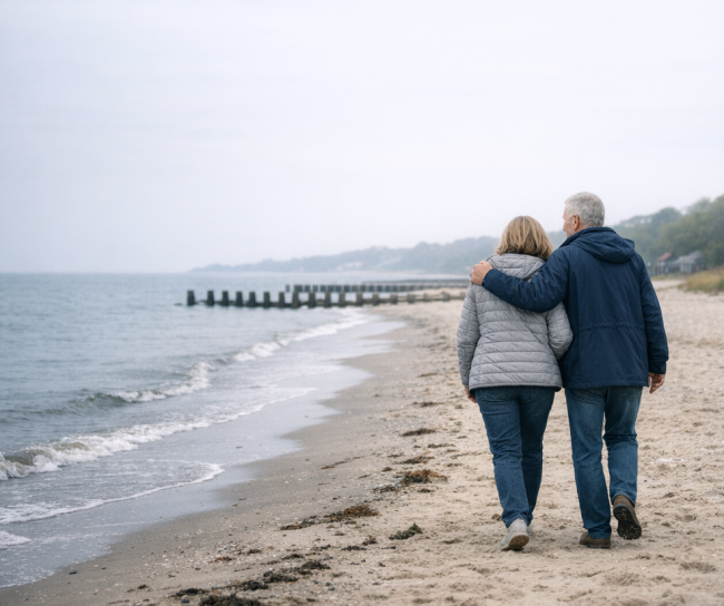 Ældre par går på stranden